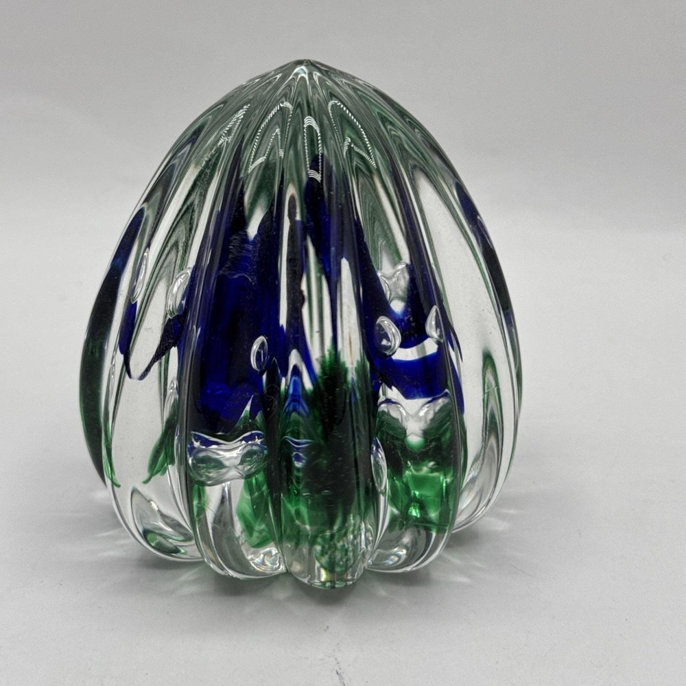 Rare Vintage Green & Blue Ridged Art Glass Paperweight Joe Rice MCM Signed